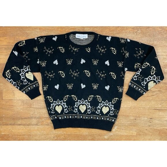 Vintage Metallic Silver/Gold Sweater Size Medium/Large 80s Butterfly & Hearts - Picture 1 of 4